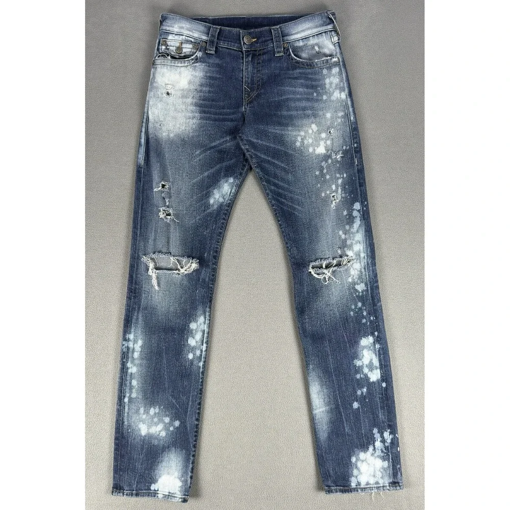 True Religion Jeans Mens 30x33 Blue Distressed Geno Relaxed Slim Flap Pocket